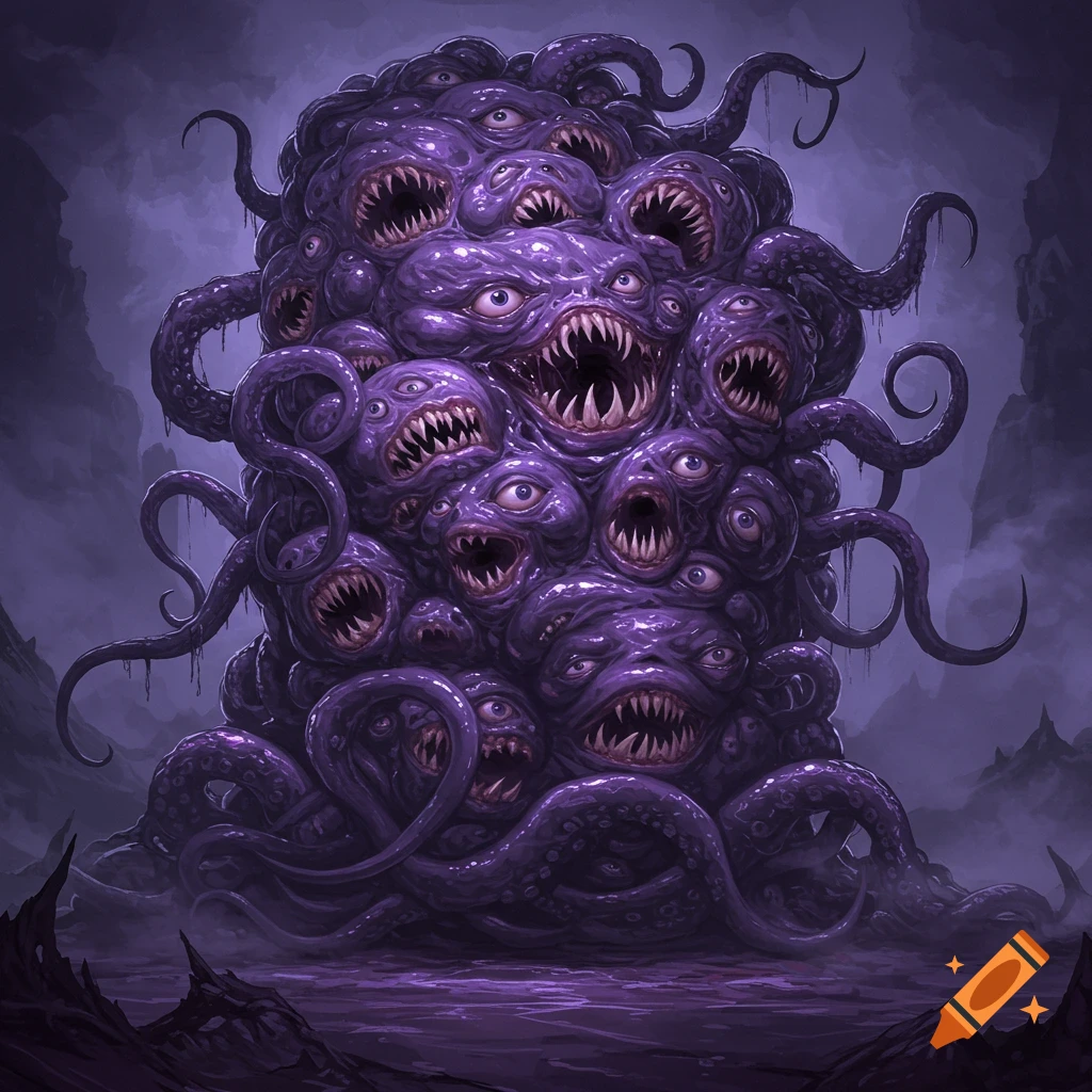 A grotesque purple eldritch horror, a creature made of many eyes, gaping mouths with sharp teeth, and tentacles, in a dark setting.