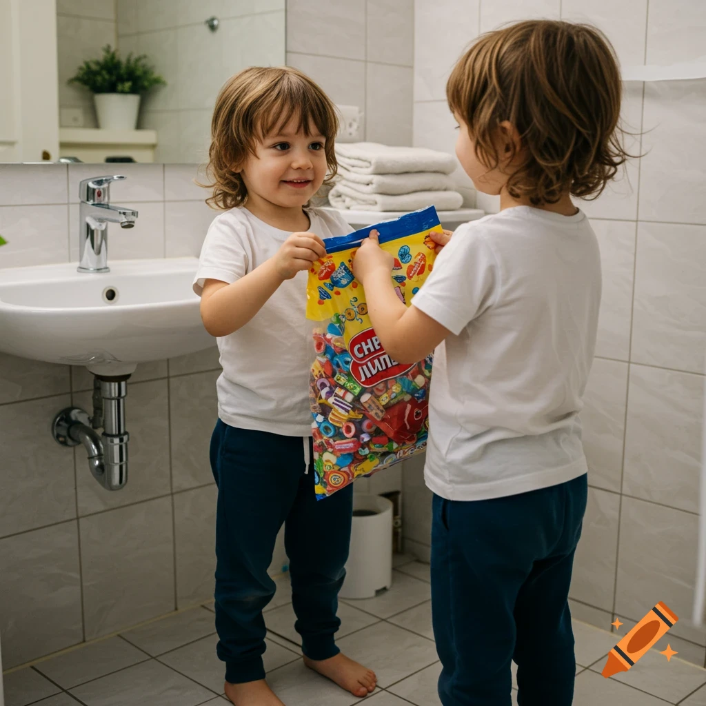 Two young children in a bathroom, one holding a large bag of colorful candy, in a photorealistic style.