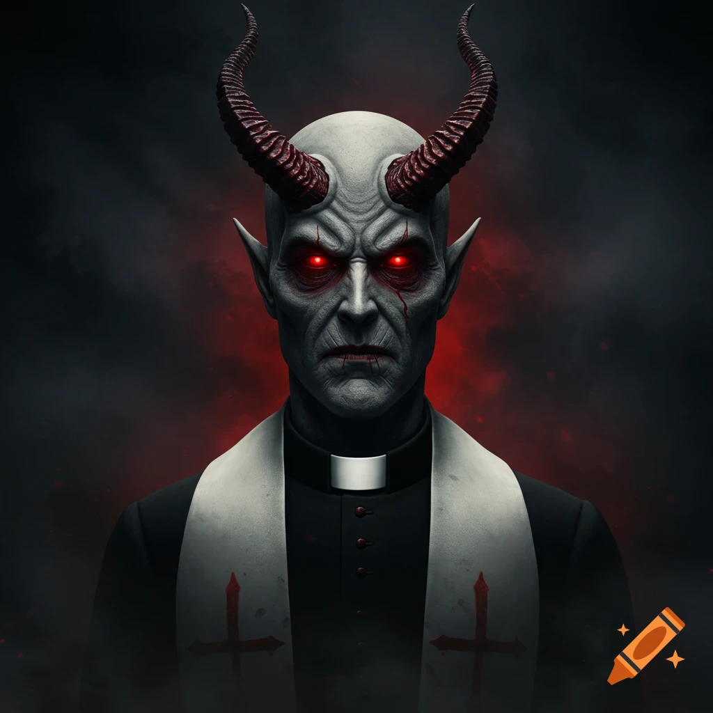 A demonic figure with glowing red eyes, red horns, and pale skin, wearing a black priest's outfit with red symbols, against a dark smoky background.