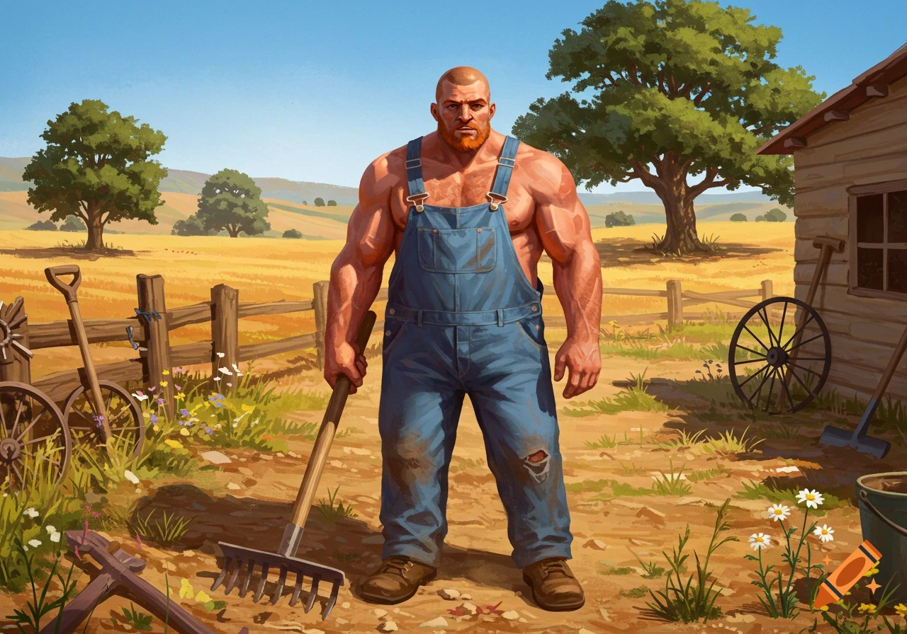 A muscular man in blue overalls and a buzz cut holds a rake in a sunny rural field with a farm shed and trees, illustrated.