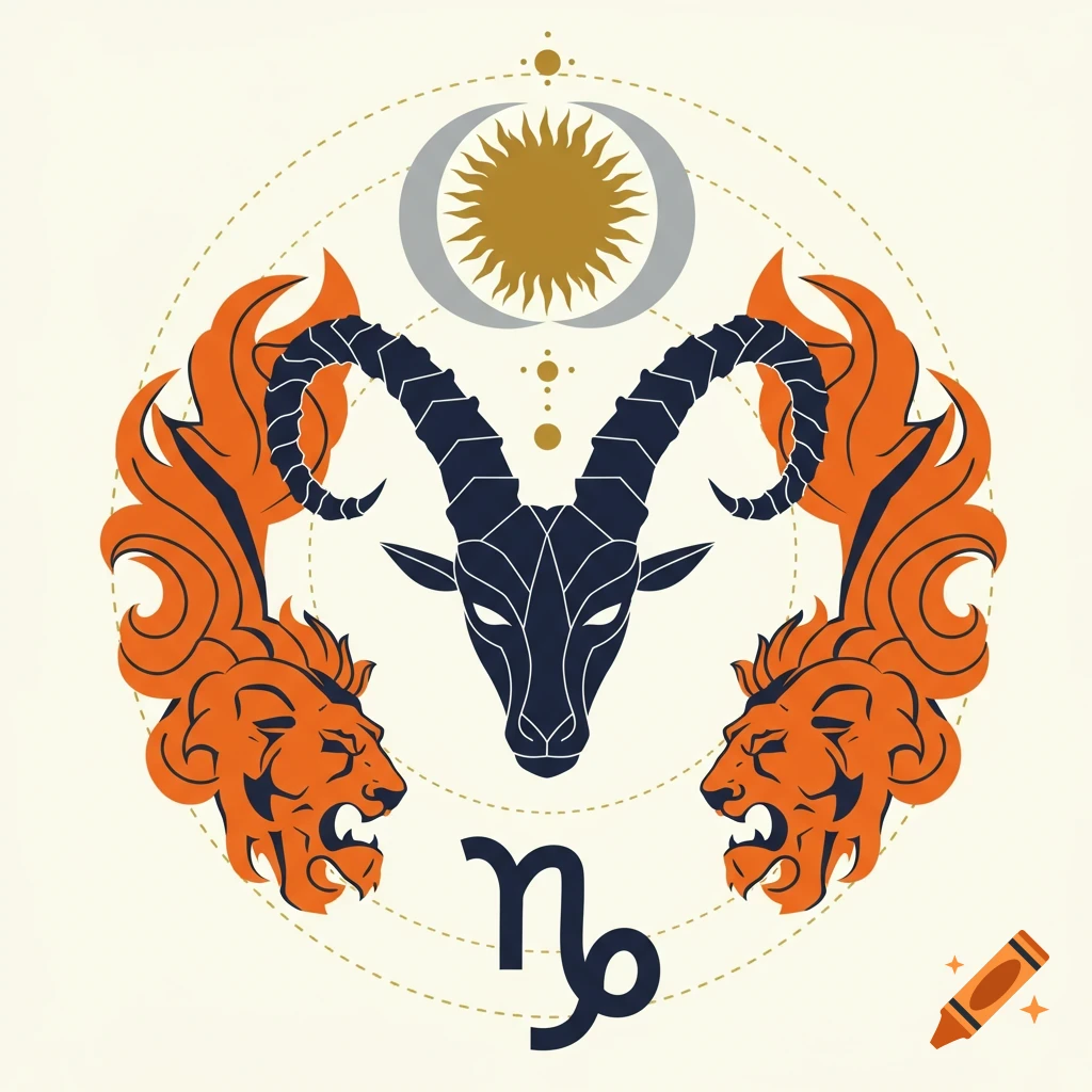 Stylized illustration of a Capricorn goat head, two Leo lion heads, sun, moon, and Capricorn glyph.