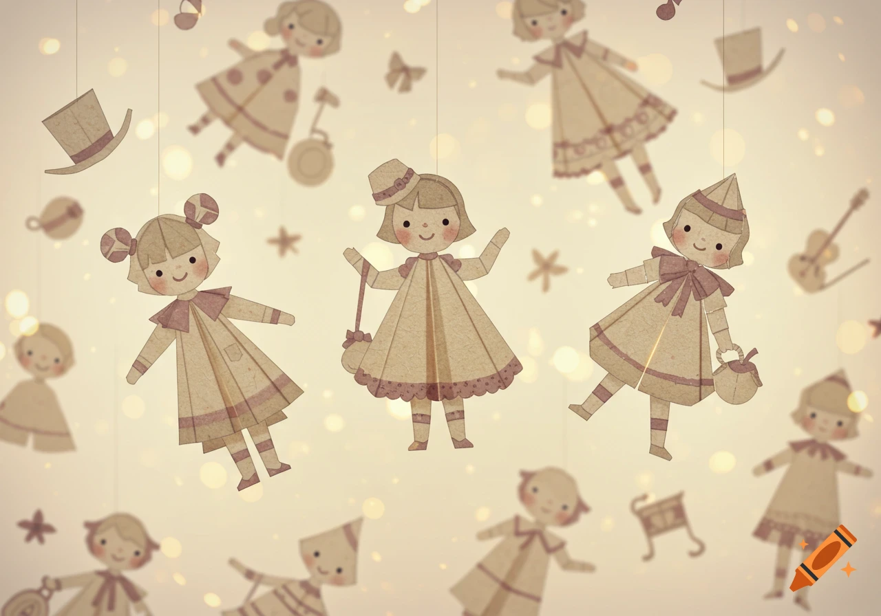 Several whimsical paper doll cutouts with simple faces and dresses, suspended against a light background with blurred lights.