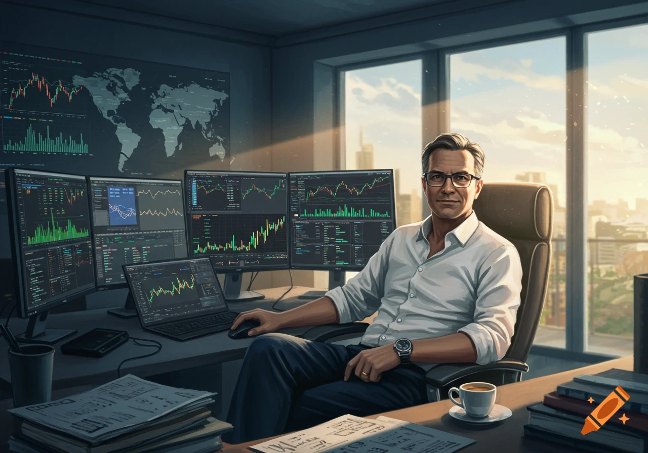 A man in a white shirt and glasses sits at a desk with multiple monitors displaying stock charts and graphs in an office.
