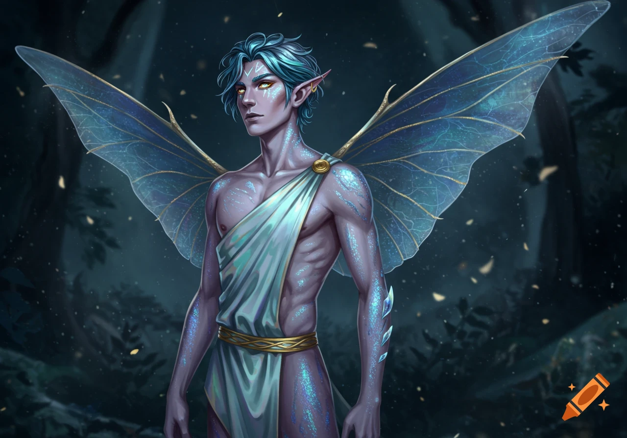 A fantasy portrait of a blue-haired male fairy with iridescent scales, golden eyes, and large translucent wings in a dark forest.