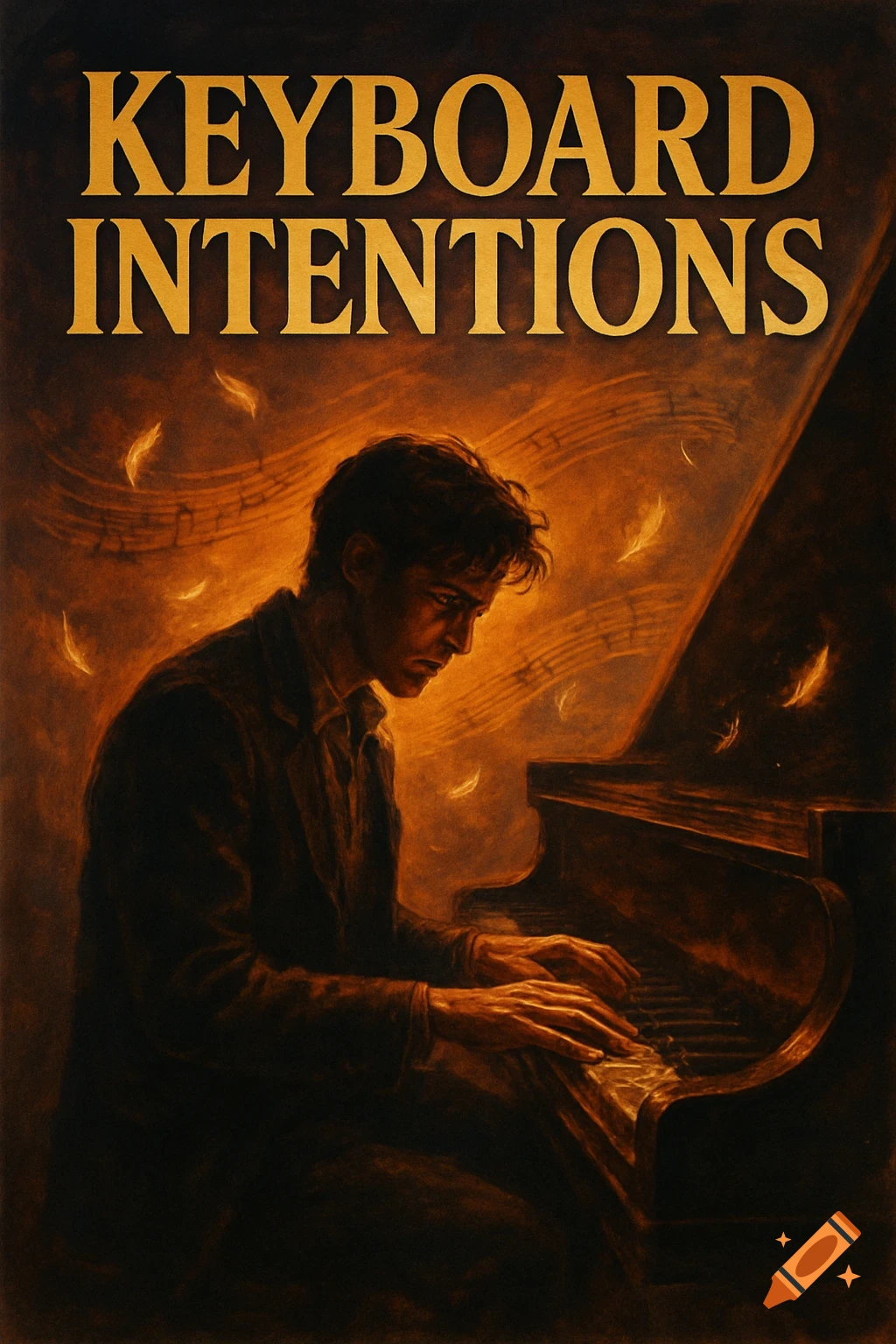 A dramatic movie poster shows a man intensely playing a piano, bathed in golden light with musical notes and feathers floating around him. The title "KEYBOARD INTENTIONS" is at the top.