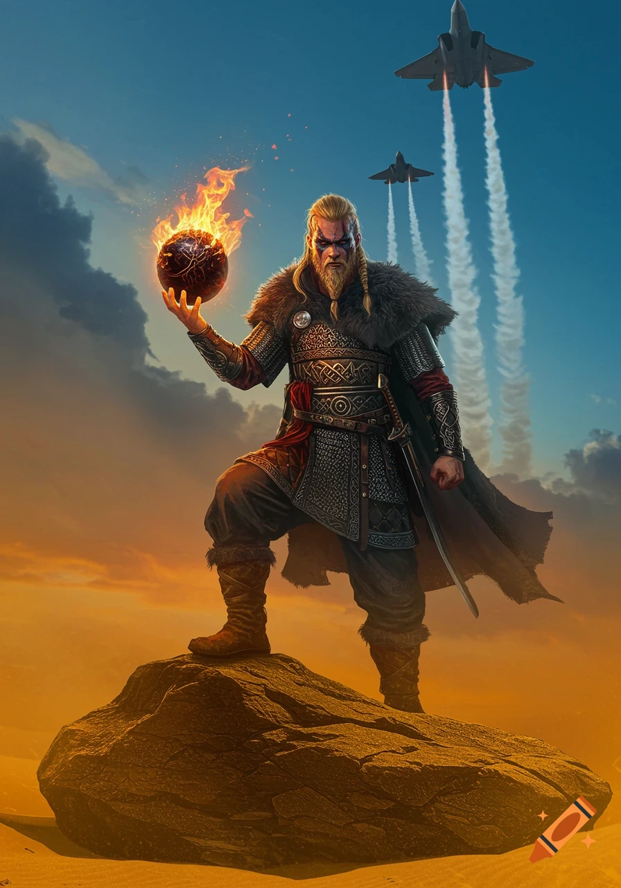 A powerful Viking warrior stands on a rock in a desert, holding a flaming black orb, as two F-35 fighter jets fly overhead.