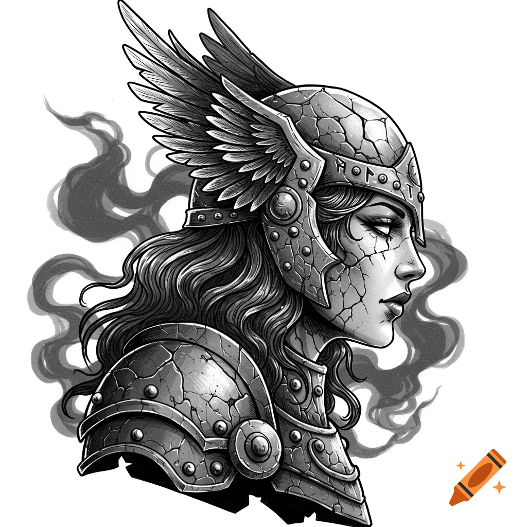 Black and white illustration of a Valkyrie in a winged helmet and cracked armor with dark mist.