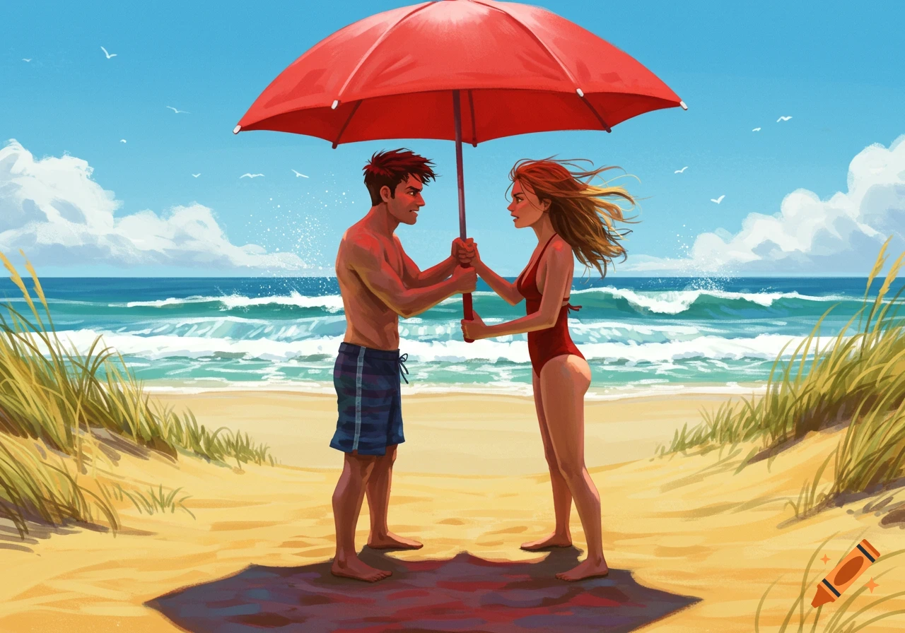A man and woman hold a red beach umbrella on a sandy beach with crashing waves, looking at each other intensely.