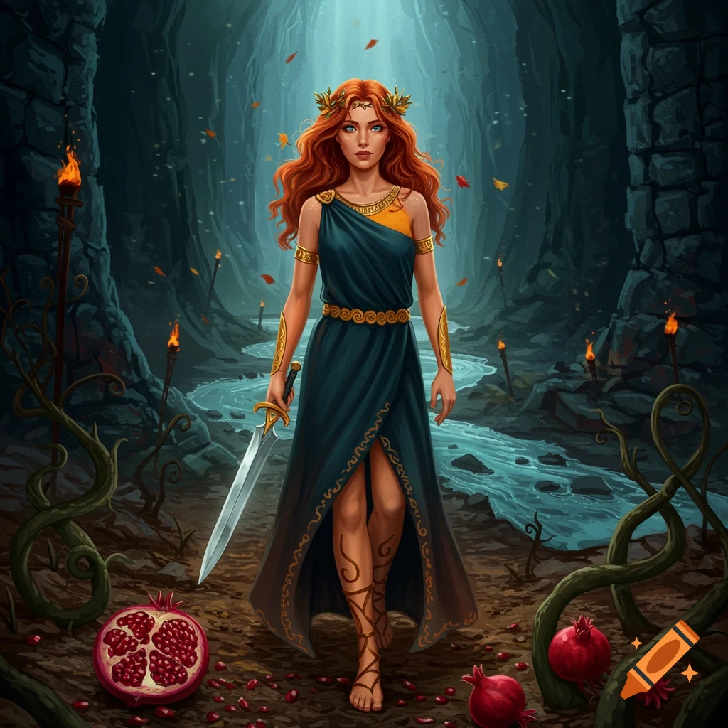 Illustrated fantasy art of a red-haired woman in a teal dress holding a sword, walking through a torch-lit cave with a river and pomegranates.