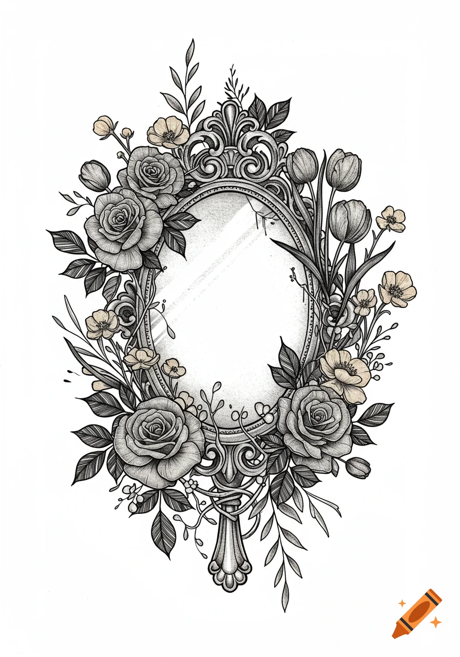 Detailed black and white sketch of an ornate vintage mirror surrounded by roses, tulips, and vines with subtle yellow accents.