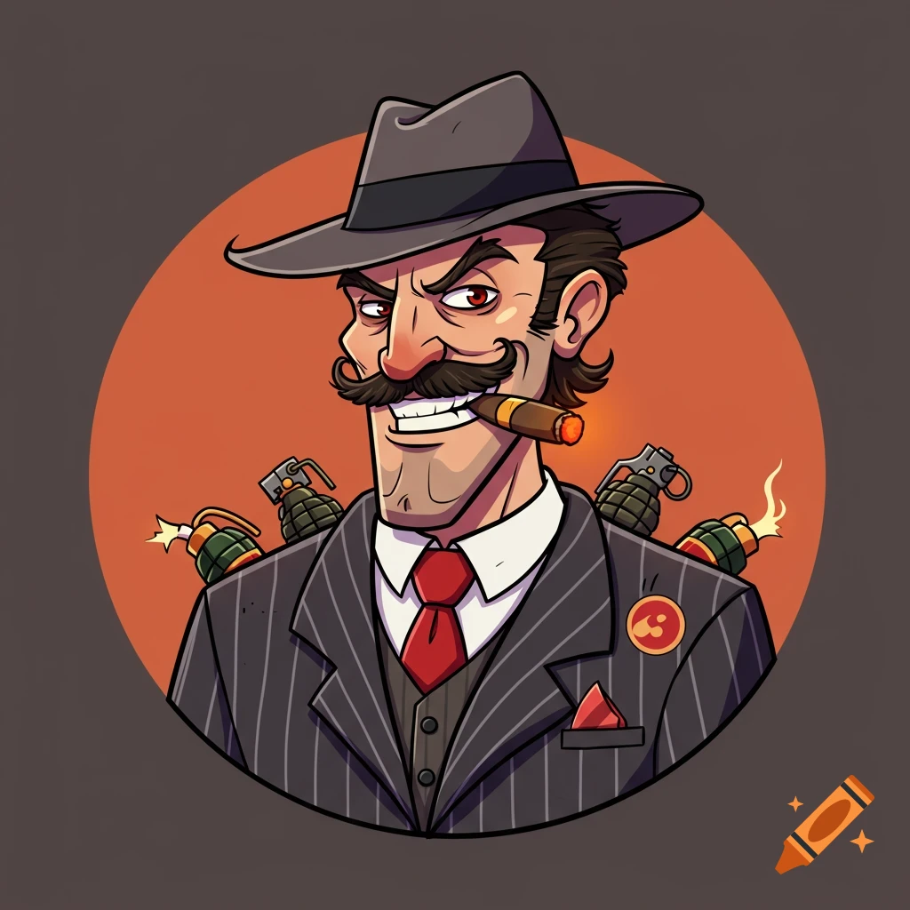 Cartoon mobster character in pinstripe suit, fedora, mustache, smoking cigar, with grenades.