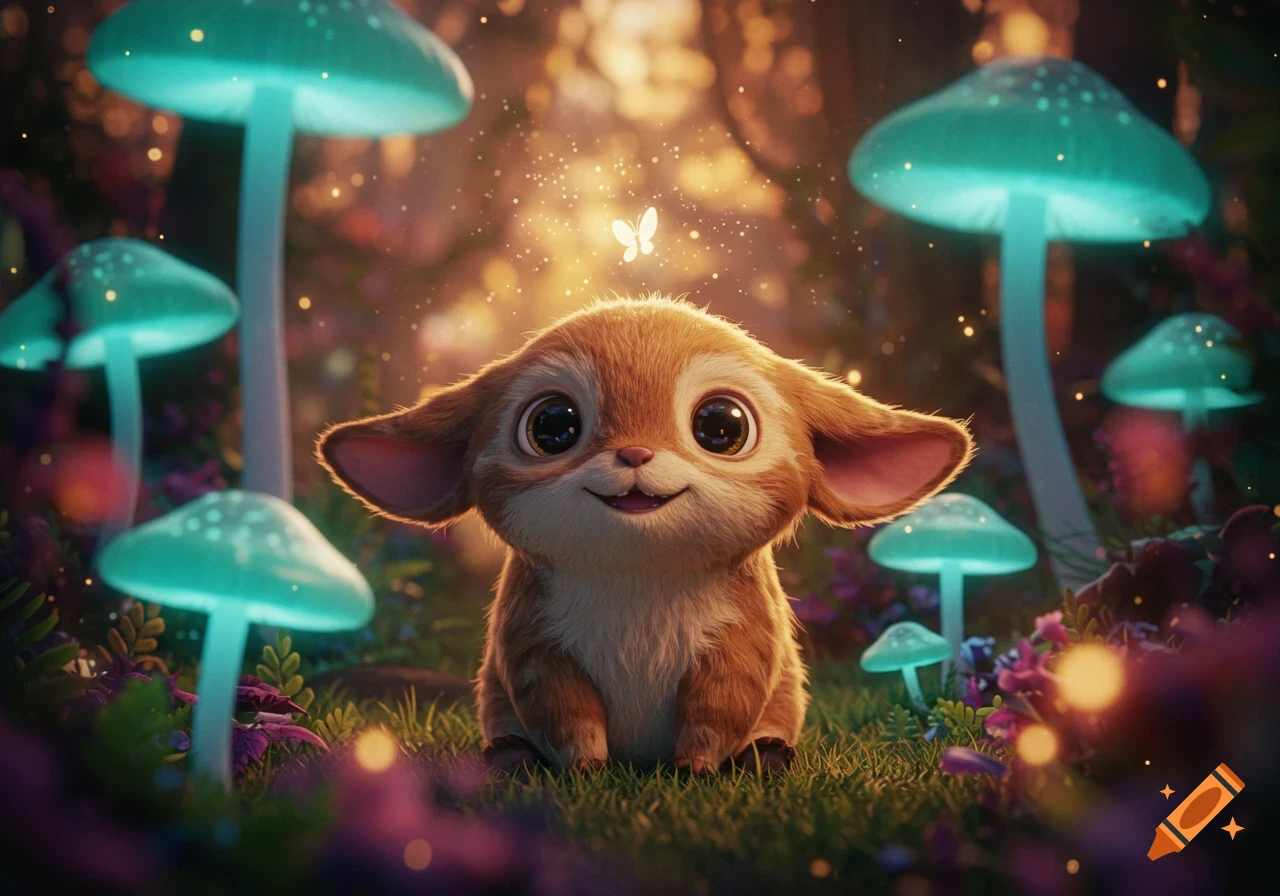 A cute, furry, big-eyed creature smiles in a magical forest with glowing blue mushrooms and sparkling lights.