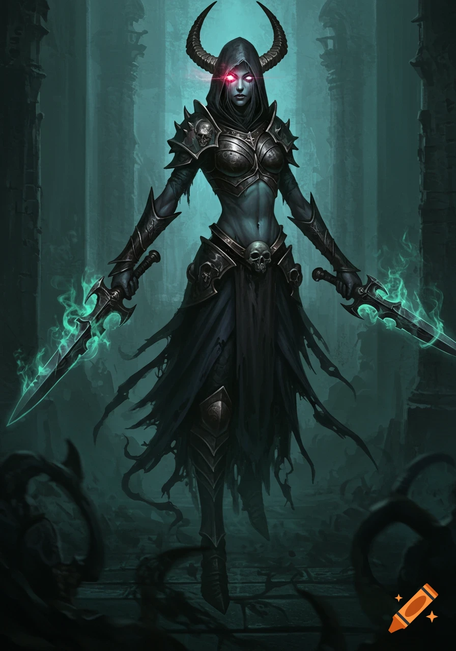 A dark fantasy warrior with horns, glowing red eyes, and tattered armor, holding two glowing green swords in a ruined, gothic setting.
