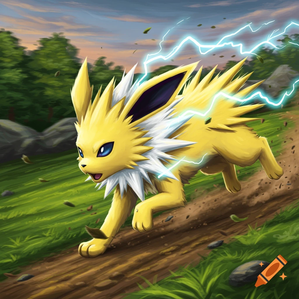 Vibrant illustration of Jolteon, a yellow electric Pokemon, running across a dirt path with lightning bolts around it and leaves flying.