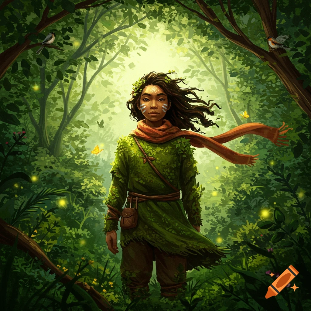 A stylized illustration of a person with dark hair and white face paint, wearing a green leafy tunic and a flowing orange scarf, standing in a brightly lit, dense green forest.