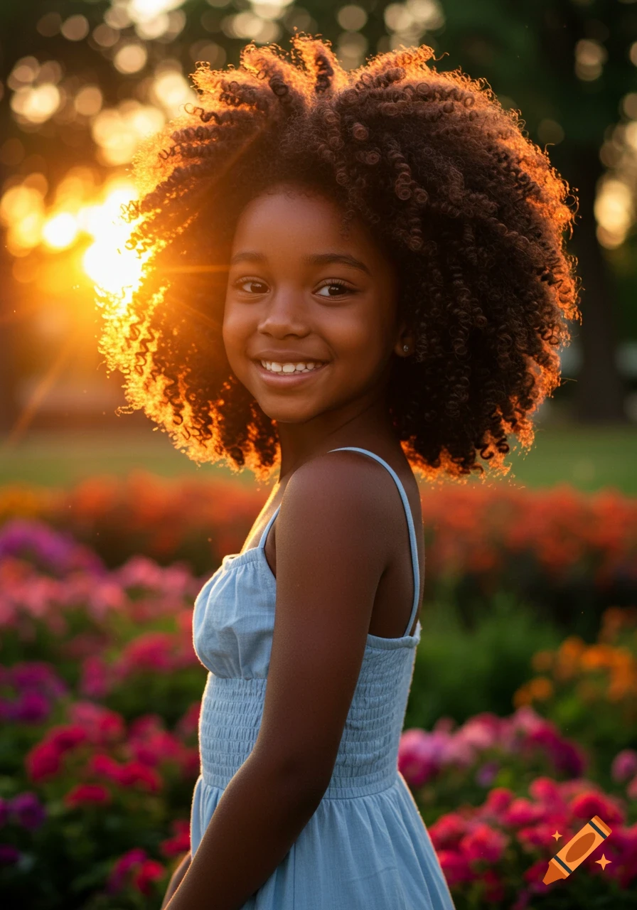 A young Black girl with voluminous curly hair smiles brightly in a sunlit field of colorful flowers.