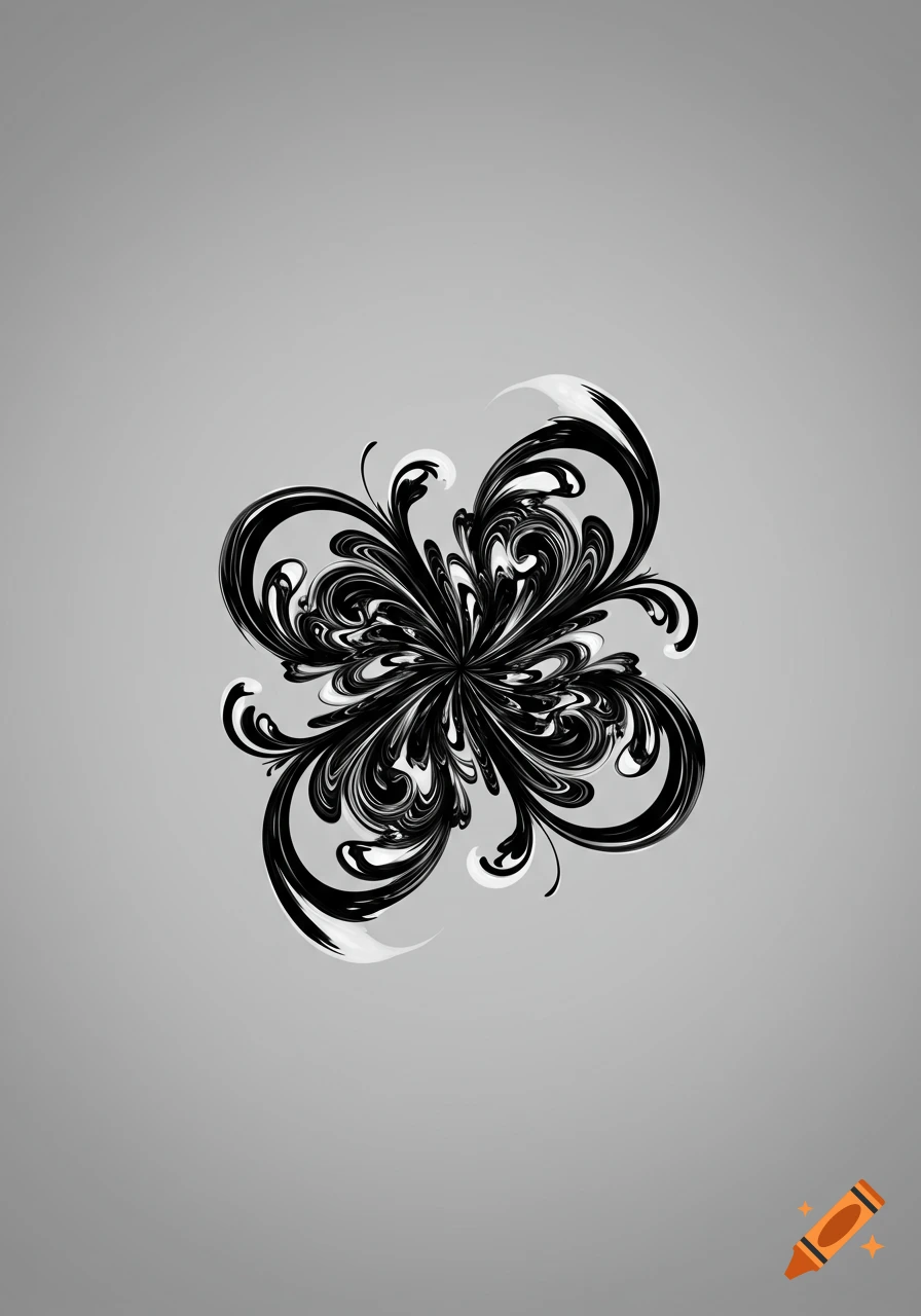 Symmetrical black and white swirling abstract pattern on a grey background.