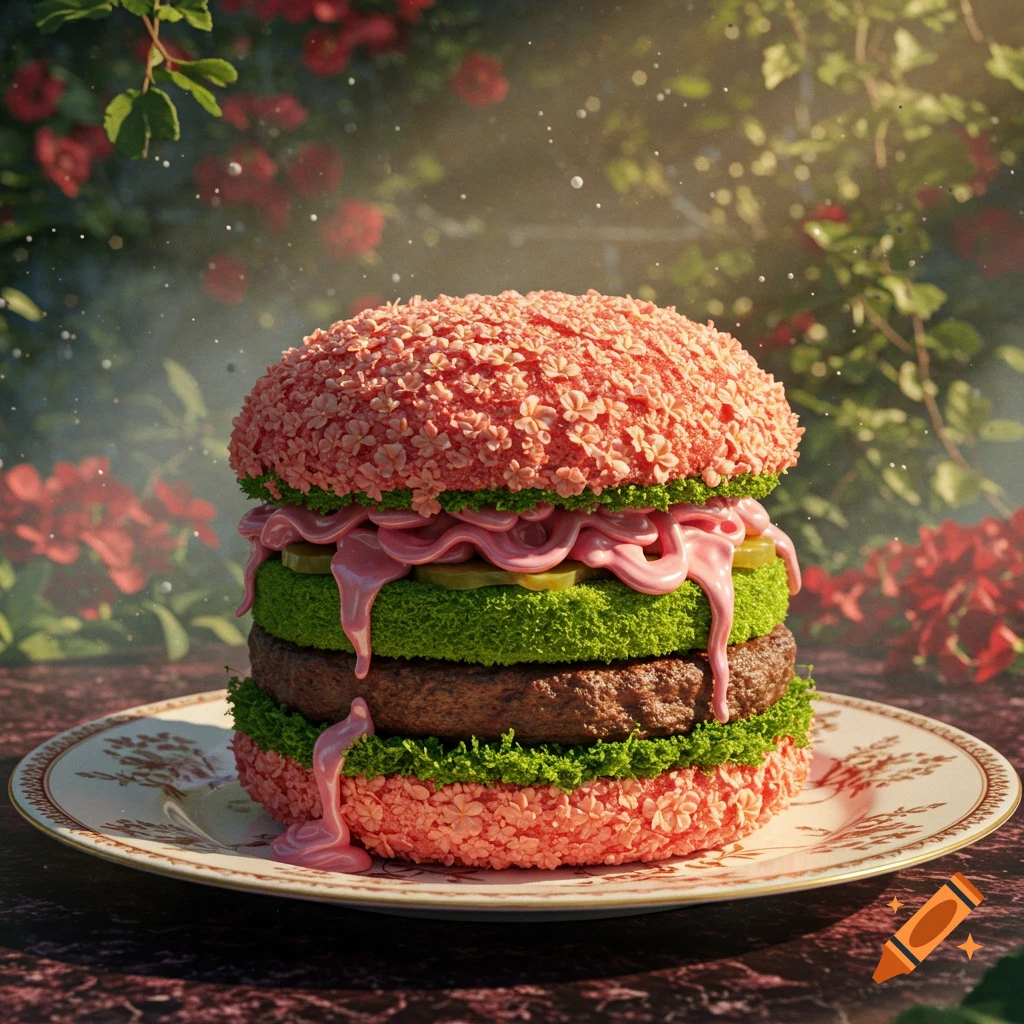 A surreal hamburger with pink flower buns, green sponge, meat patties, and pink sauce, in a sunny garden setting.