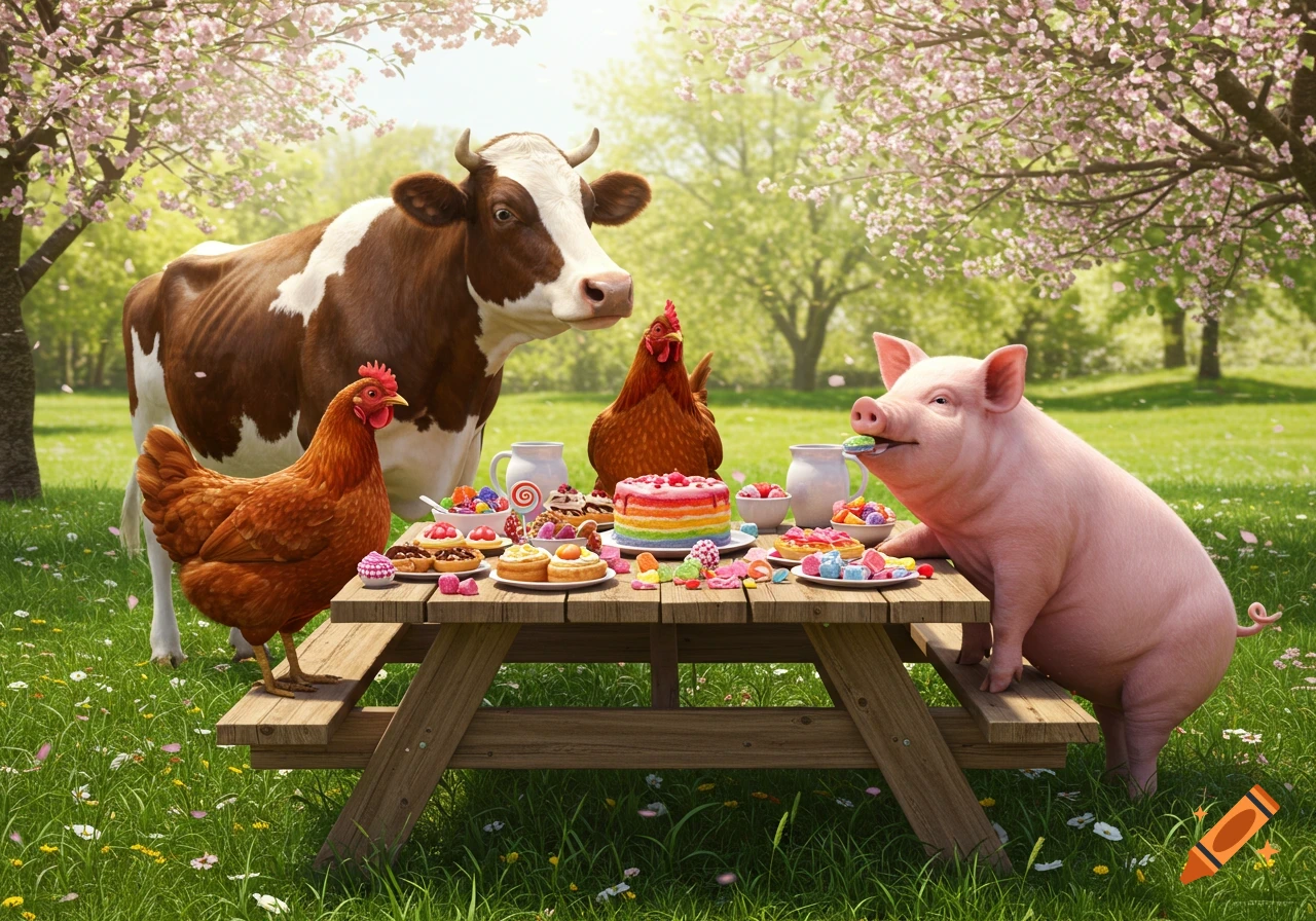 A photorealistic cow, two chickens, and a pig picnic on sweets in a grassy field with flowering trees.
