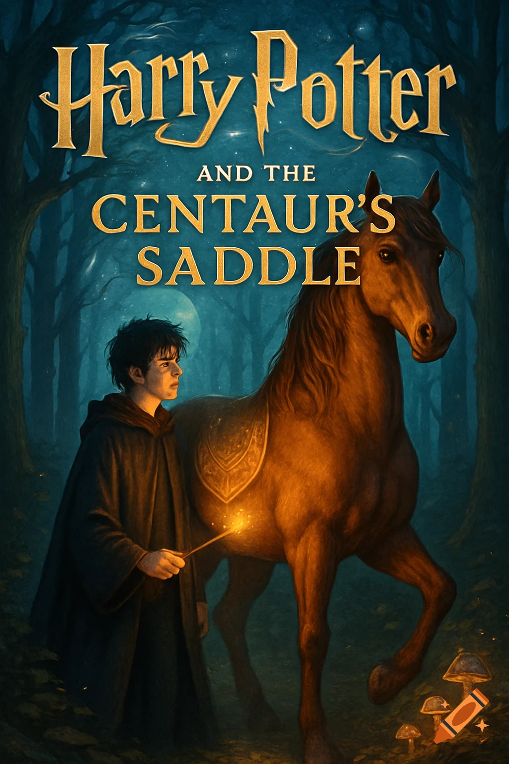 Harry Potter holds a glowing wand next to a horse in a dark, enchanting forest, as a book cover illustration.