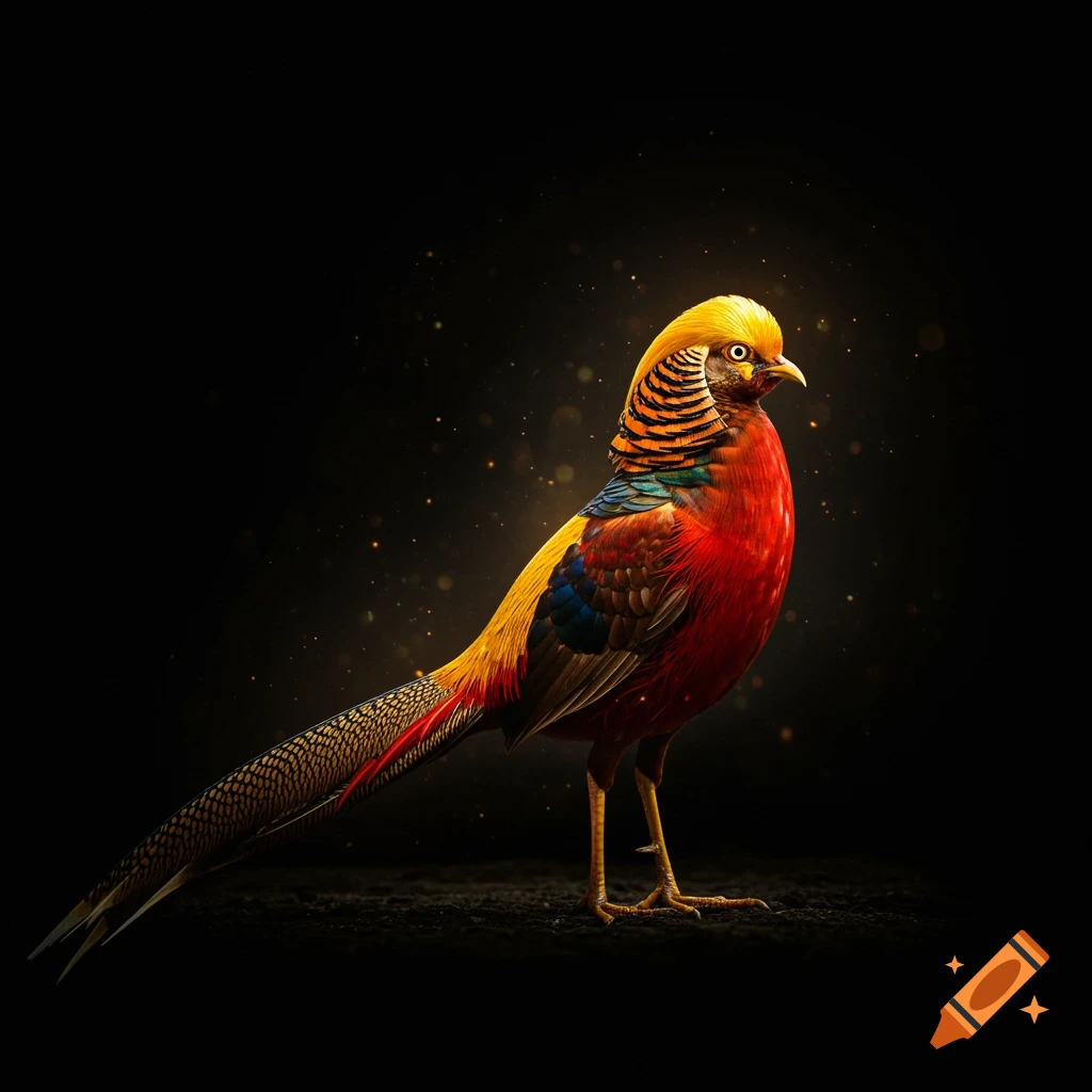 A vibrant golden pheasant stands on a dark ground with glowing particles.