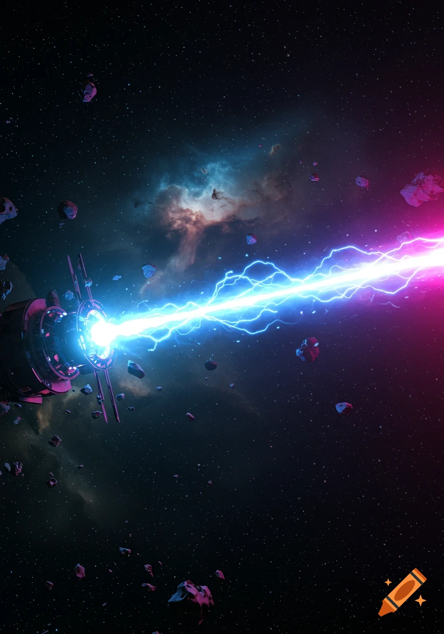 A large futuristic device in space emits a powerful blue and pink laser beam across a field of asteroids and nebulas.