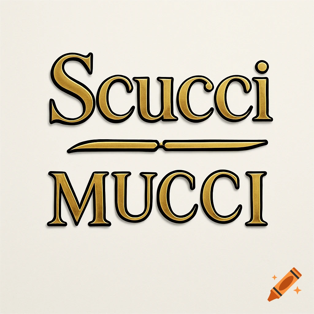 A gold embossed logo with the word 'Scucci' on top and 'Mucci' below, separated by a stylized golden line.