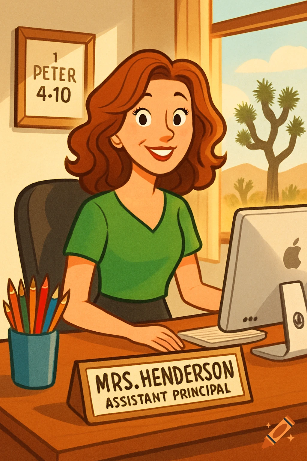 Cartoon of Mrs. Henderson, an assistant principal, sitting at her desk with a computer, pencils, and a window view of Joshua trees.