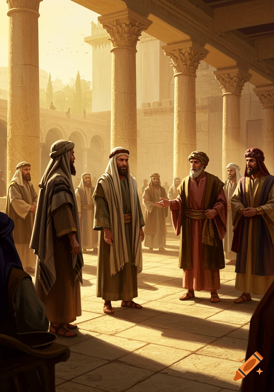 A group of ancient men in robes converse in a sunlit, columned courtyard.