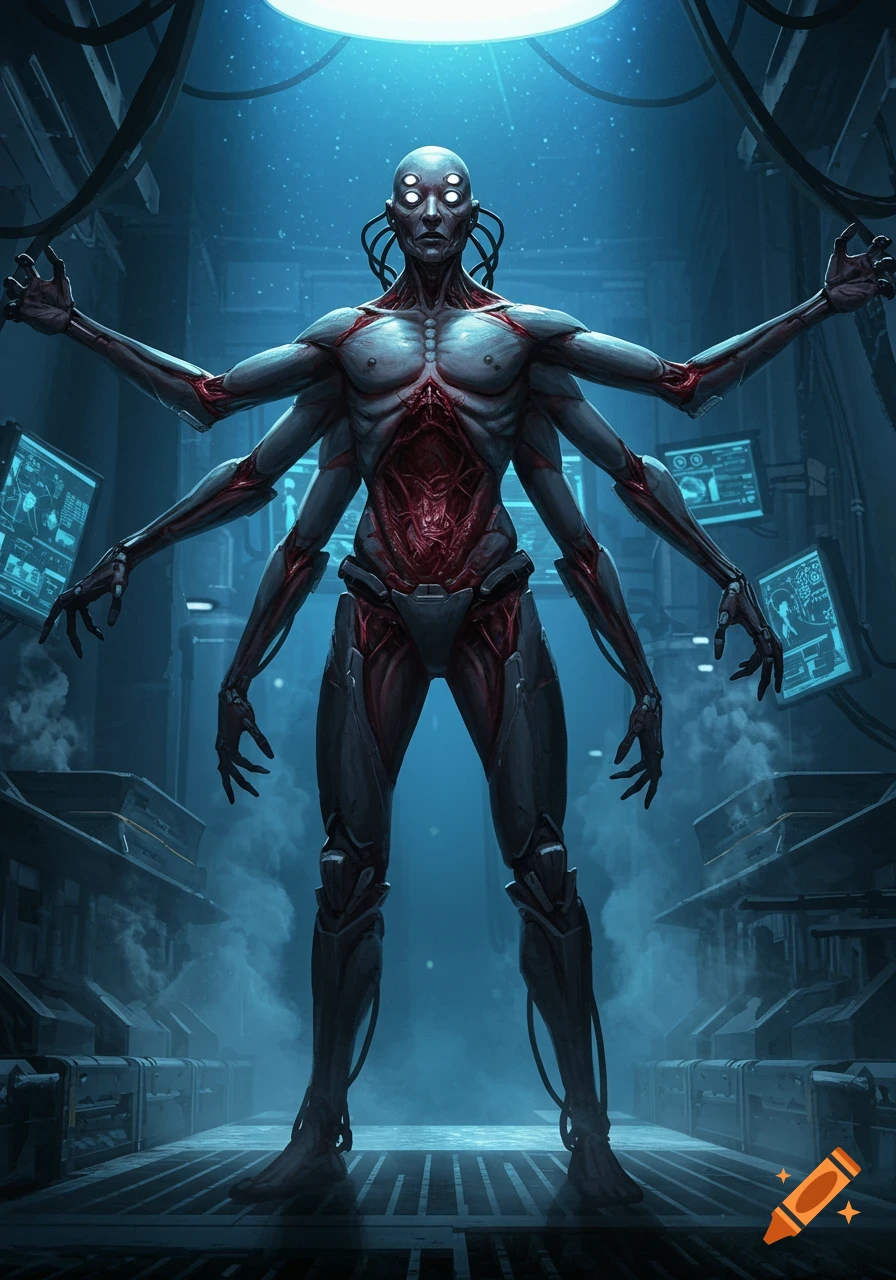 A grotesque multi-armed and multi-eyed half-human, half-robot creature with exposed internal organs stands in a dark, blue-lit sci-fi lab.
