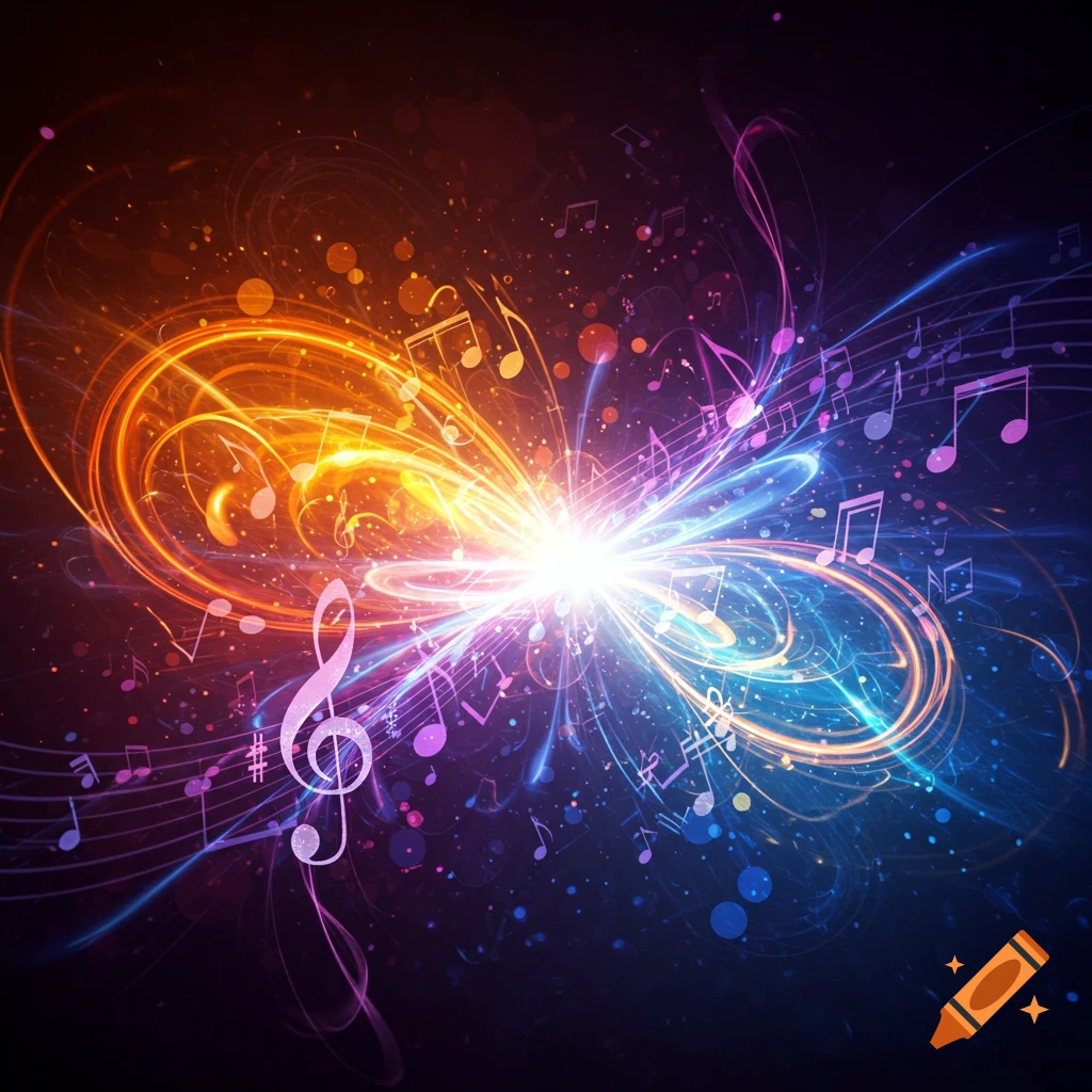 Vibrant abstract music art featuring a bright light burst, swirling orange and blue energy, and scattered musical notes and a treble clef on a dark background.