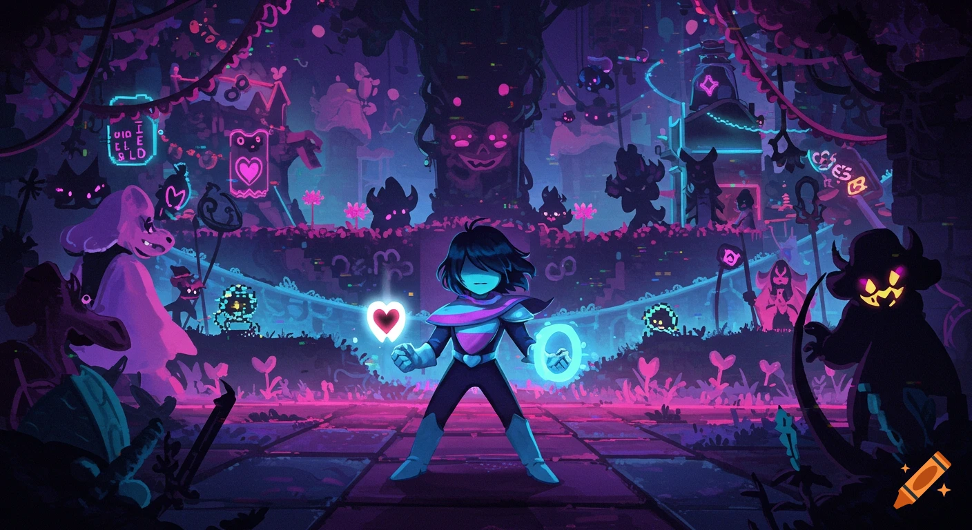 A blue-skinned cartoon character with glowing heart and ring stands in a vibrant, neon-lit fantasy world with shadowy figures.