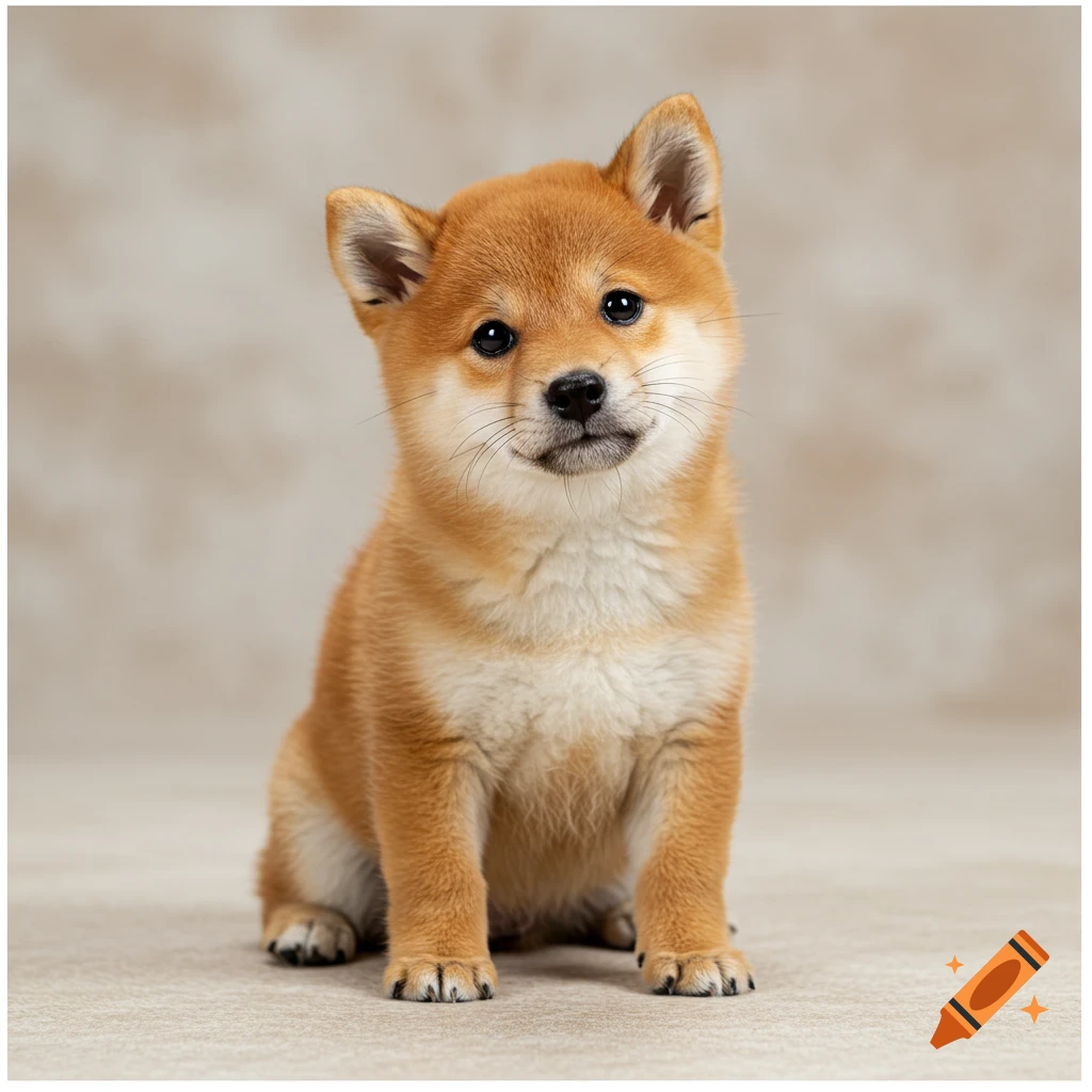 An adorable Shiba Inu puppy sits on a light background, looking at the camera with a head tilt.
