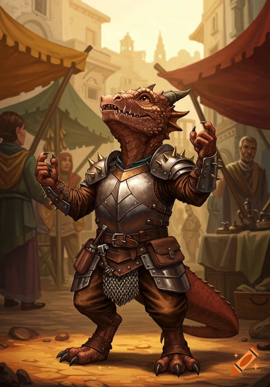 A red-scaled fantasy creature in studded leather armor poses in a bustling marketplace.
