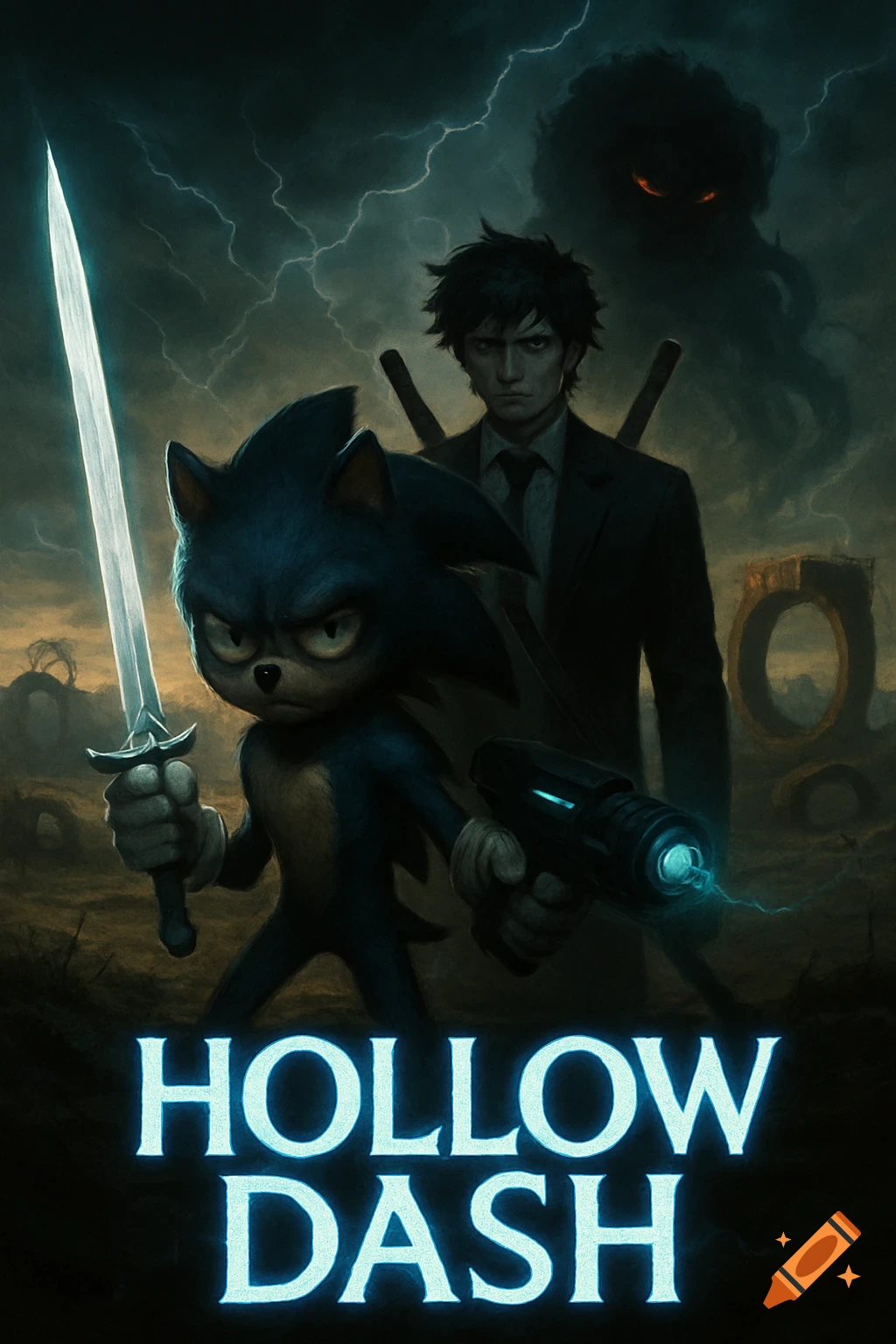 A dark fantasy poster features movie Sonic with a sword and gun, alongside a man with a suit and swords, under a stormy sky with a monster and glowing text 'HOLLOW DASH'.