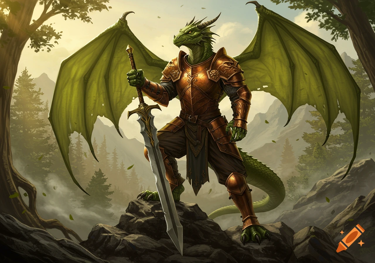 A green dragonborn warrior in golden armor stands on rocks in a forest, holding a large sword.