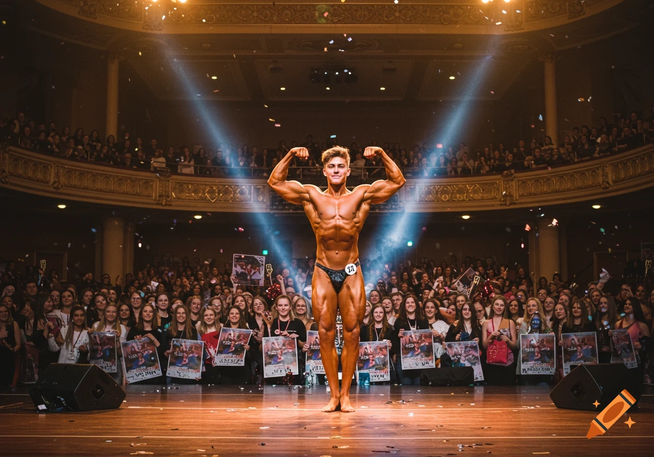A muscular male bodybuilder poses on stage under spotlights for an audience in a grand hall, photorealistic.