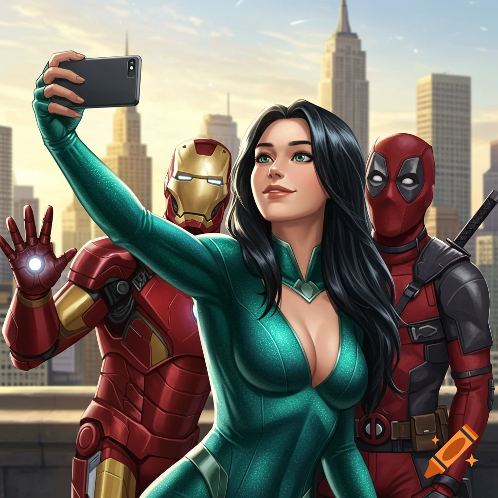 A female superhero in a teal V-neck suit takes a selfie with Iron Man and Deadpool on a city rooftop, in a comic art style.