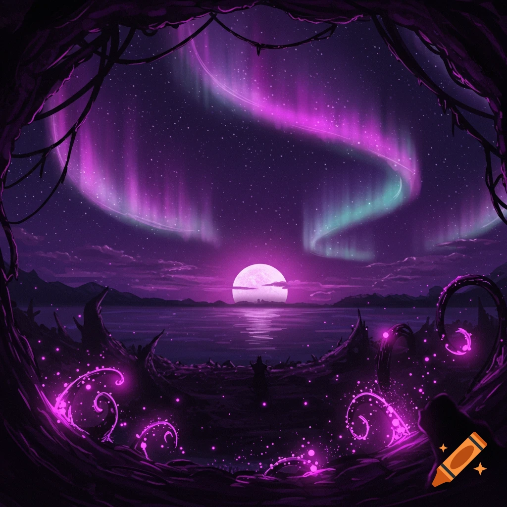 A vibrant fantasy landscape at night with a purple and teal aurora borealis in the sky, a large full moon over a lake, and glowing purple tendrils.