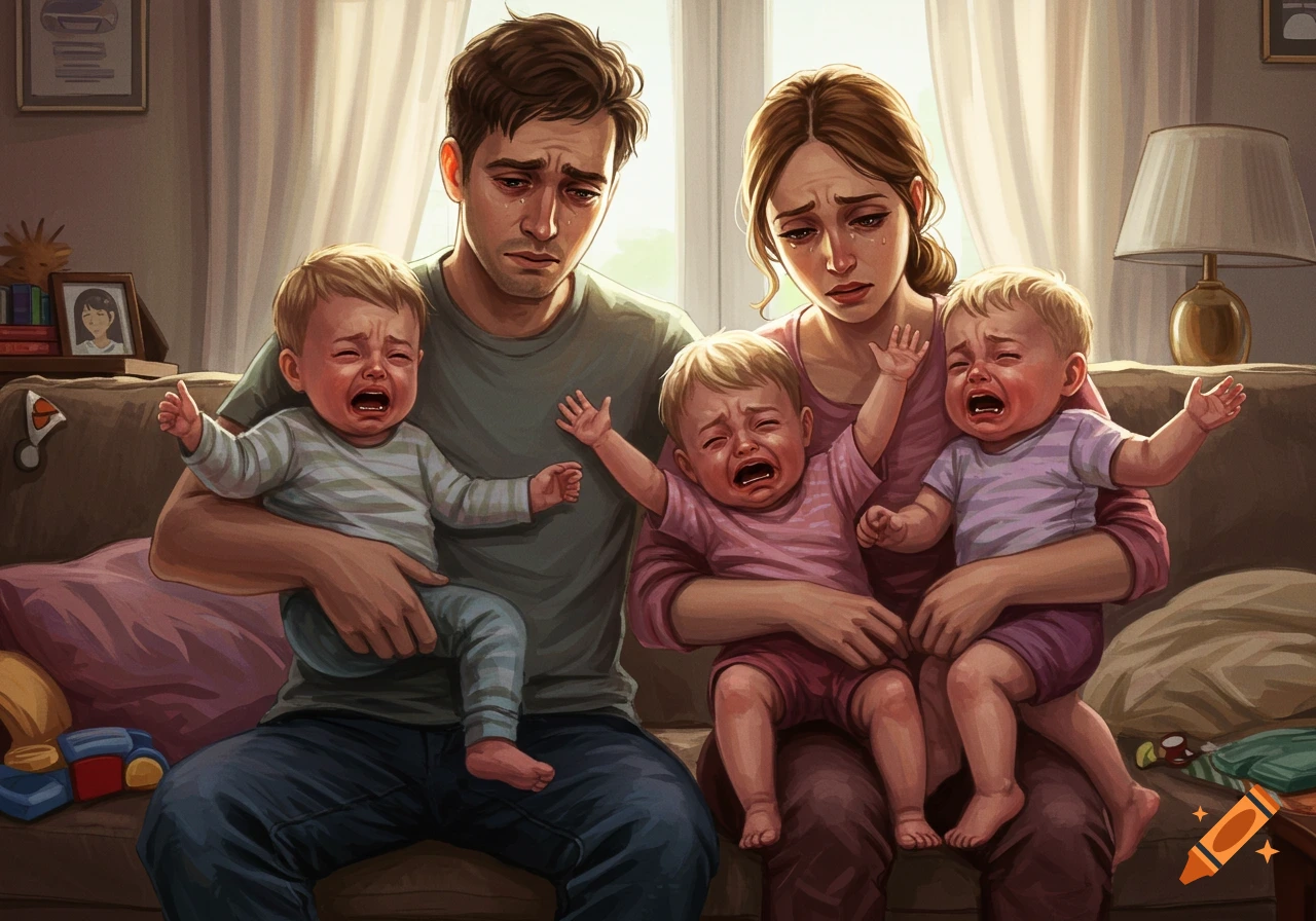 A stressed couple sits on a couch, holding three crying toddlers in a stylized digital painting.
