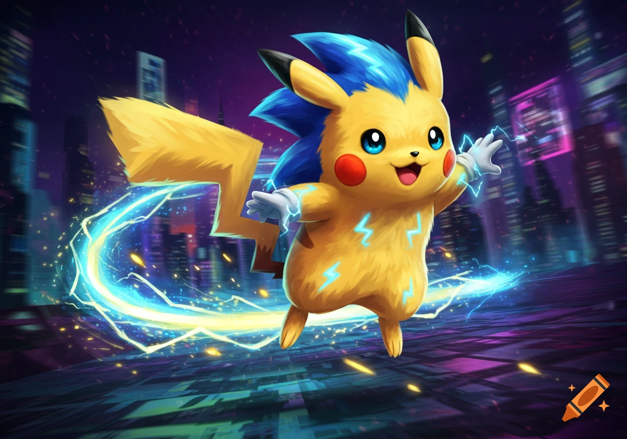 Vibrant digital art of a Pikachu-Sonic hybrid running through a futuristic city at night, trailing electricity.