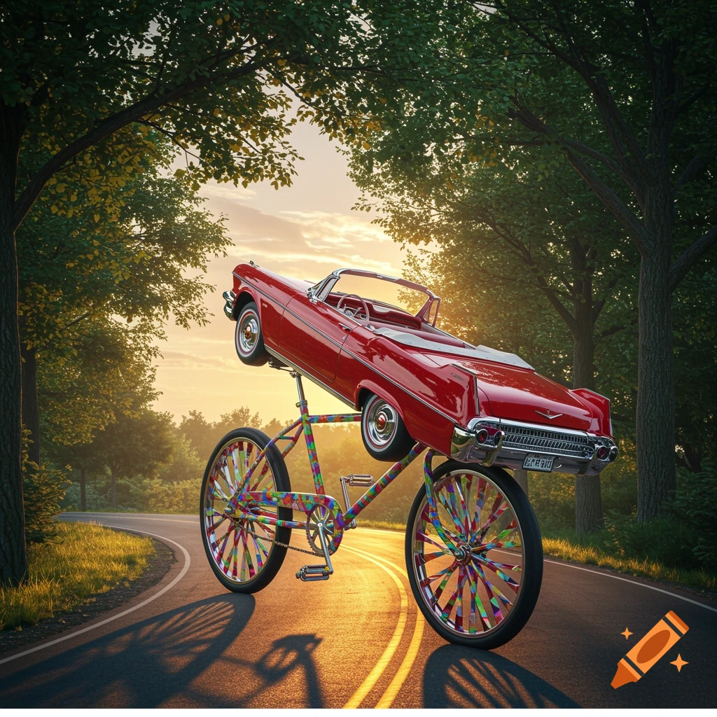 A vibrant red vintage convertible car is precariously balanced on top of a colorful, abstract bicycle on a winding road at sunset, framed by lush green trees.