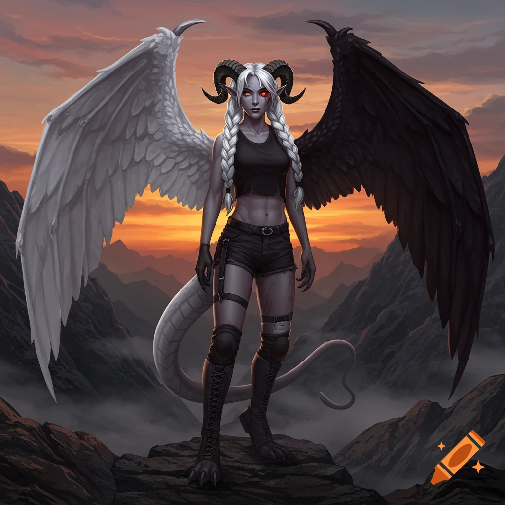 A fantasy woman with white braided hair, black ram horns, one white wing, one black wing, and a white dragon tail stands on a rocky mountain peak at sunset.