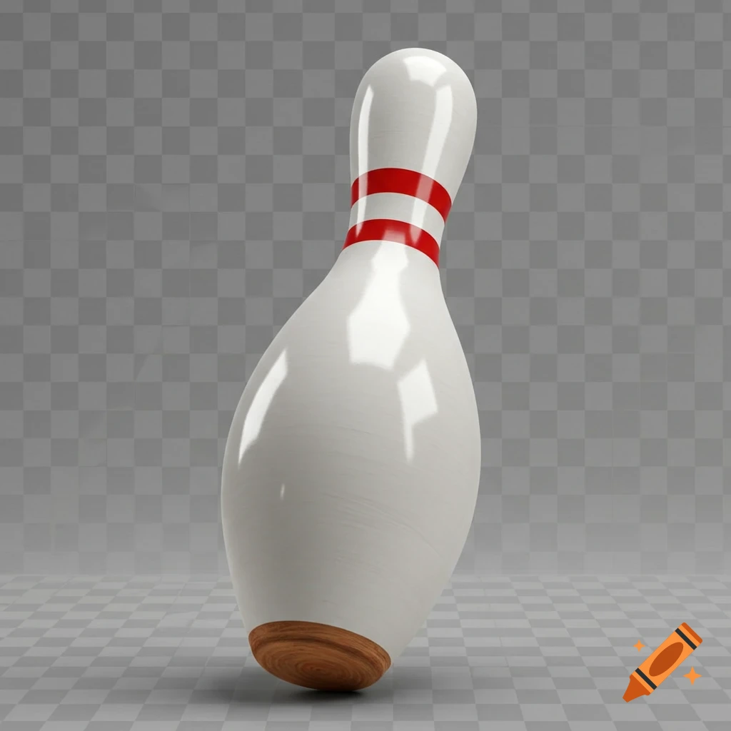 A glossy white bowling pin with two red stripes near the top and a wooden base, standing on a checkered transparent background.