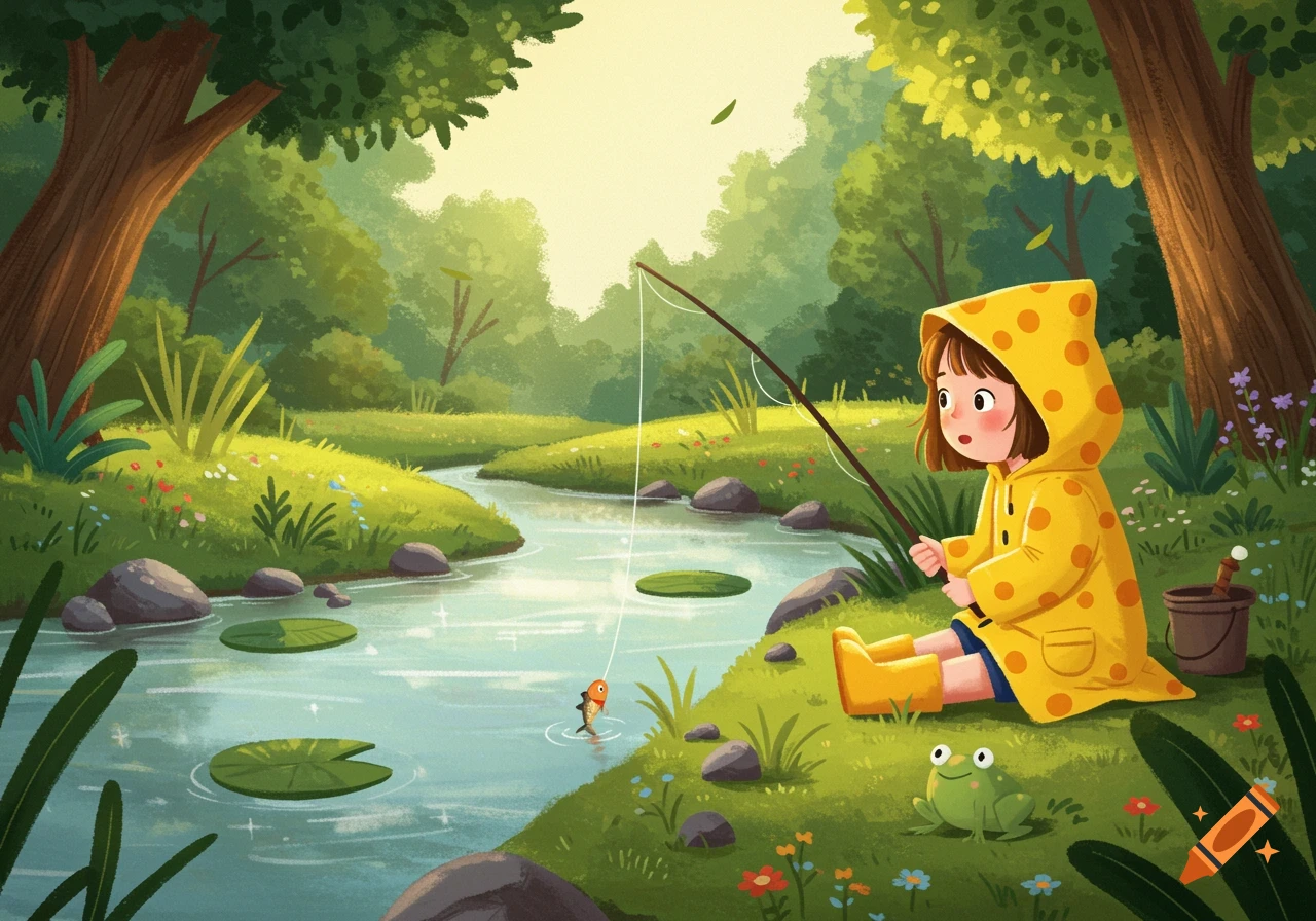 Cartoon illustration of a little girl in a yellow raincoat fishing in a river in a lush green forest.
