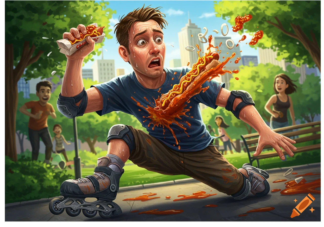 A cartoon illustration of a shocked man falling while rollerblading in a park, as a chilidog comically explodes from his chest.