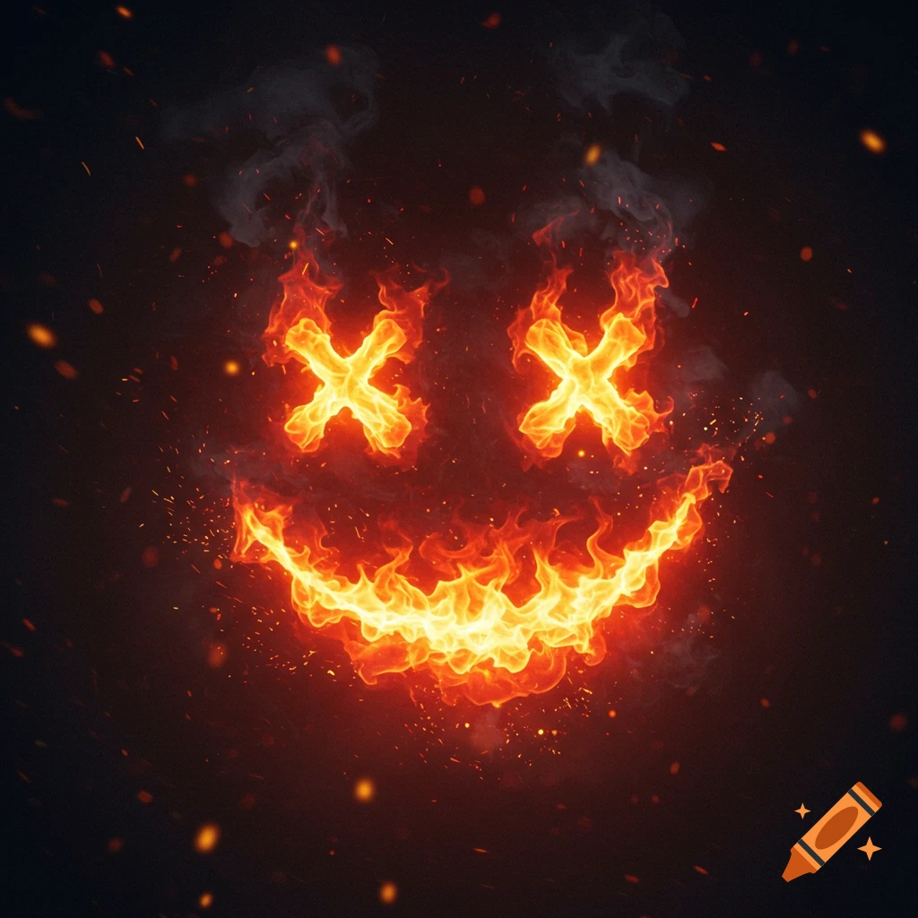 A creepy smiley face made of vibrant orange and yellow flames with X-shaped eyes, against a dark background with smoke and sparks.
