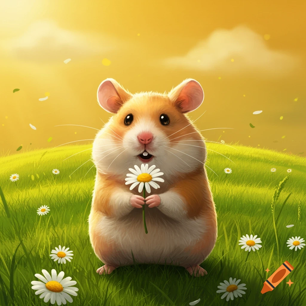 A cute hamster holding a daisy flower in a grassy field with a sunny yellow sky.