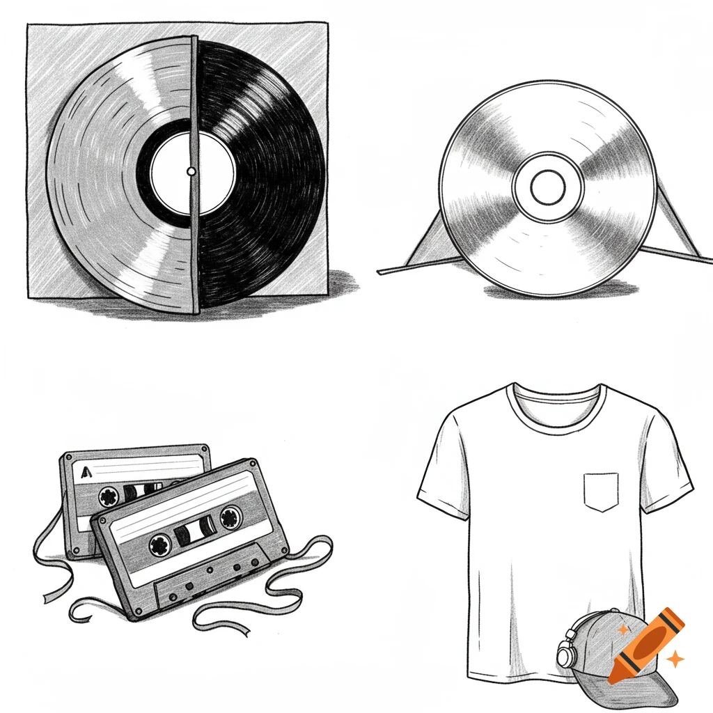 Four black and white illustrations of music-related items: a vinyl record in its sleeve, a CD on a stand, two cassette tapes, and a t-shirt with a baseball cap and headphones.