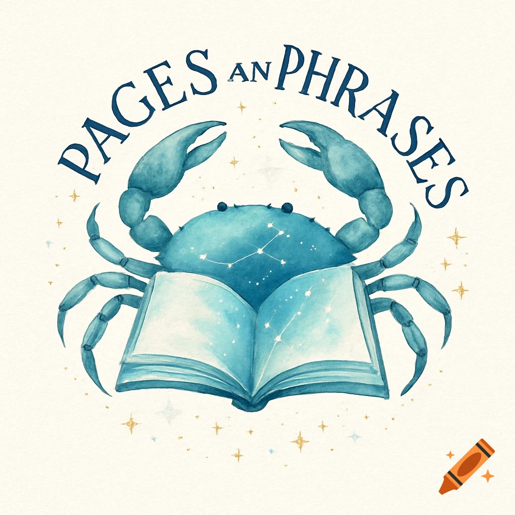 A blue watercolor logo with a crab holding an open book, constellations on crab and pages, and 'PAGES AN PHRASES' text above.